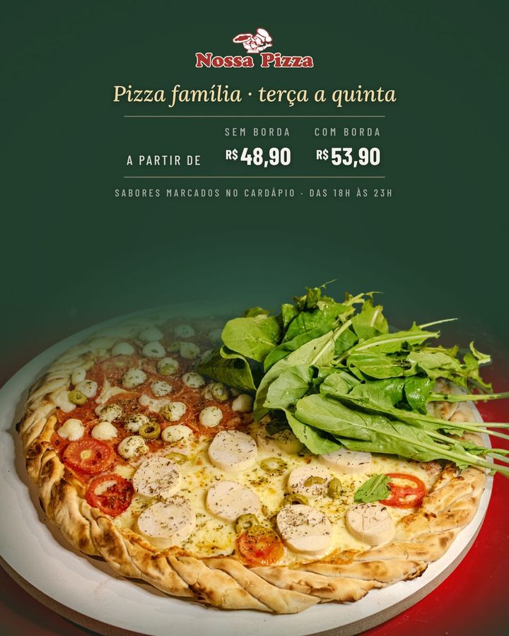 Pizza família de terça a quinta, a partir de R$ 48,90 Com borda recheada, a partir de R$ 53,90. Vale para os sabores marcados no…