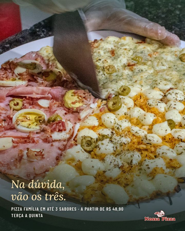 A pizza família vem em até 3 sabores, a partir de R$ 48,90 na retirada. Vale de terça a quinta, das 18h às 23h. Peça pelo link da bio ou…